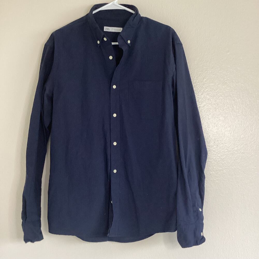 Zara Mens Button Down Shirt Large Navy Blue 100% Cotton Long Sleeve Casual